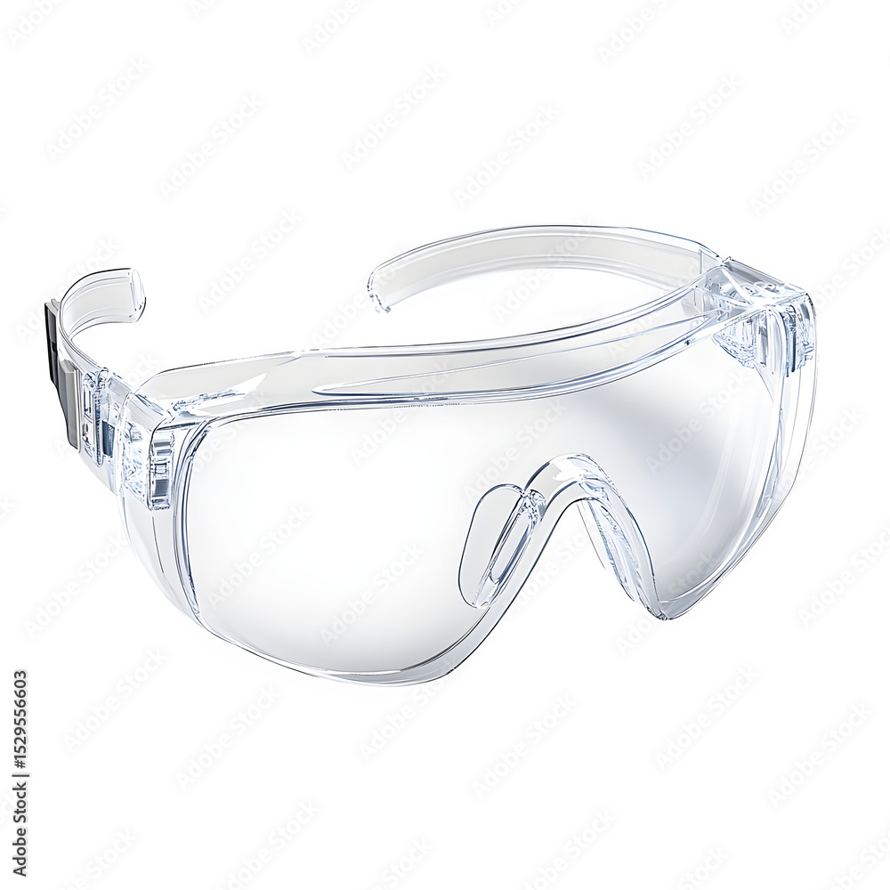 Poster a hyper-realistic clear safety goggles reflecting workshop environment isolated on pure white backgr