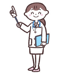 	上を指しニッコリする女医のイラスト
