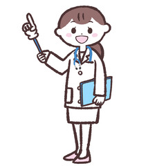 	笑顔で上を指す女医のイラスト