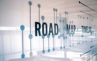 A modern graphic displaying a roadmap and timeline concept with connected dots and lines on a clear glass board.
