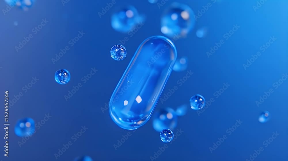 Poster abstract blue capsule surrounded by water droplets on gradient background in a modern minimalist sty