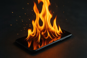 Burning smartphone with orange flames and glowing sparks rising from screen on dark background symbolizing overheating danger