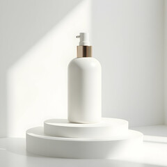 White Bottle on Display Stand with Golden Accent