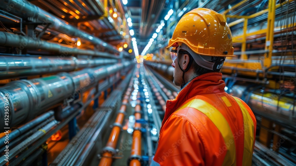 Poster a diligent worker wearing safety gear stands in an industrial facility, attentively analyzing intric