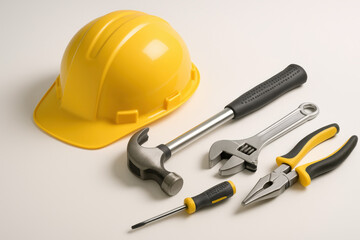 Yellow Construction Helmet With Assorted Hand Tools Displayed On White Background In Studio Lighting