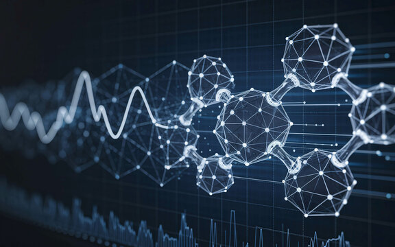Digital visualization of molecular structures and data analysis with a futuristic network and graph overlay.