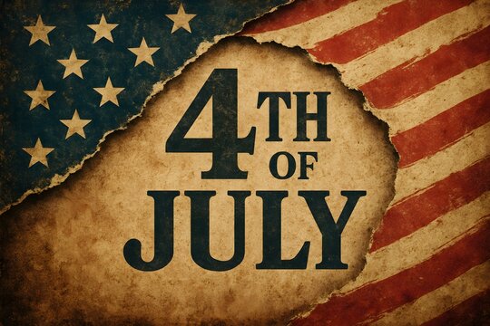 A patriotic visual for Independence Day, an iconic American flag with a vintage aesthetic. The design features a torn, aged effect on the flag. and text celebrating the holiday.