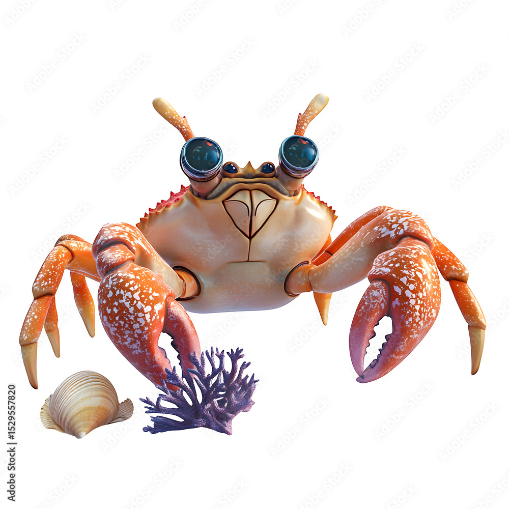 Poster a hyper-realistic cartoon crab with underwater accessory set snorkel shell and coral isolated on pur