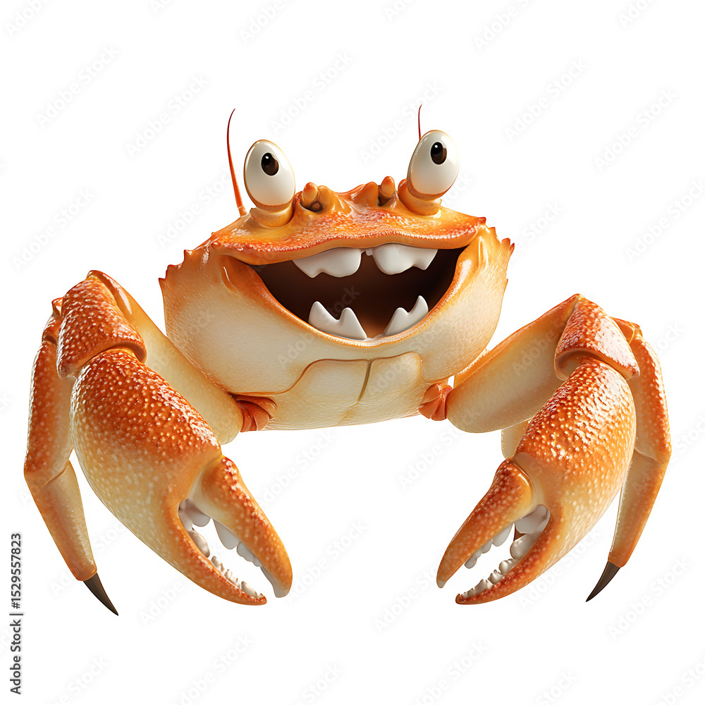 Poster a hyper-realistic cartoon crab -degree hero shot with big smile and claws open isolated on pure whit