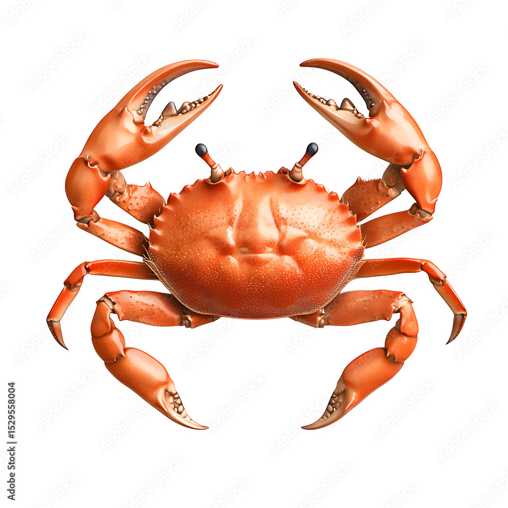 Poster a hyper-realistic cartoon crab top-down flat-lay with raised claws isolated on pure white background