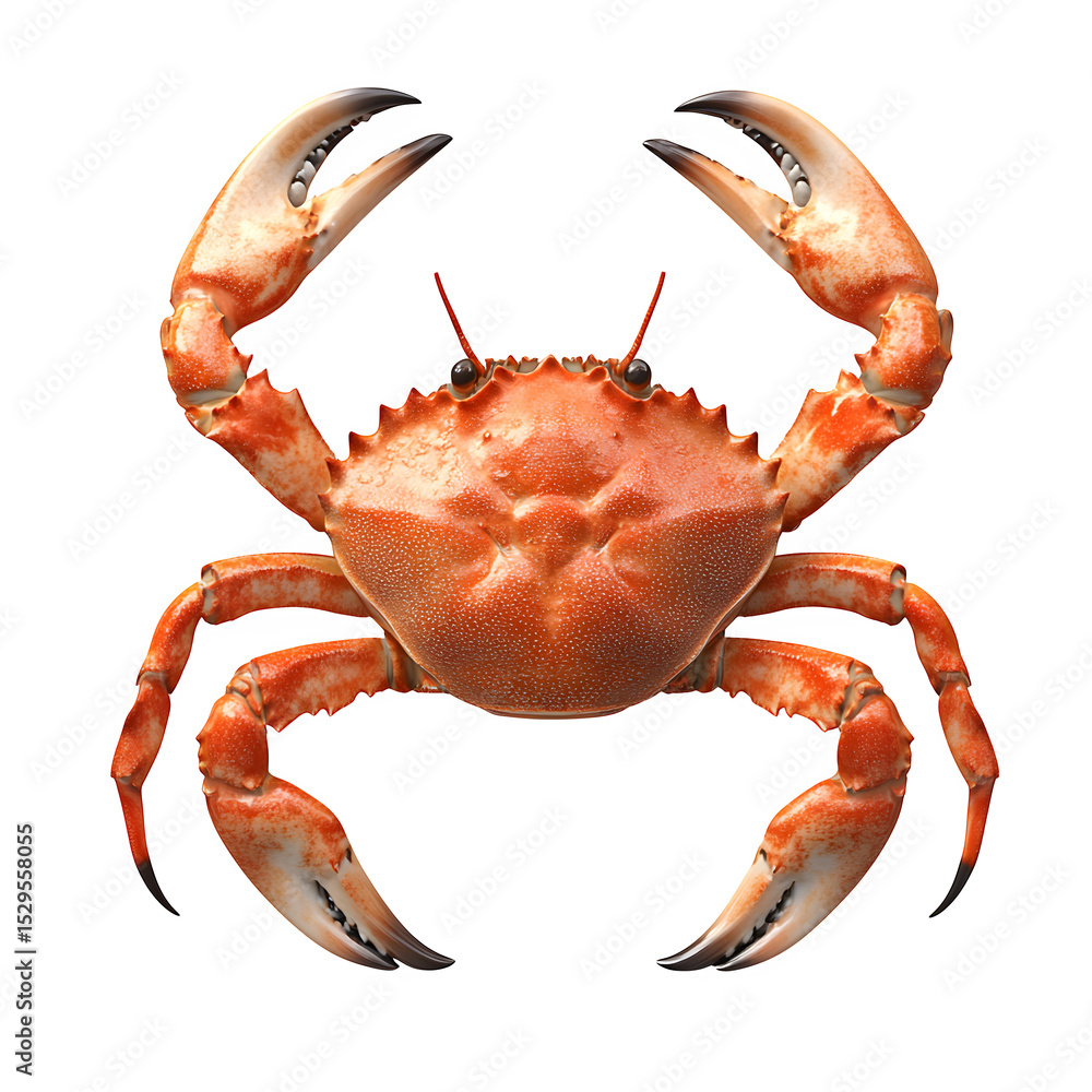 Poster a hyper-realistic cartoon crab top-down flat-lay with raised claws isolated on pure white background