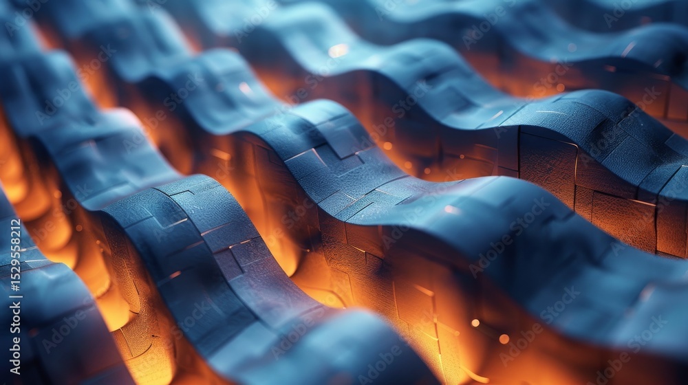 Poster an intriguing close-up of textured blue wavy structures emitting a warm orange glow, creating a mesm