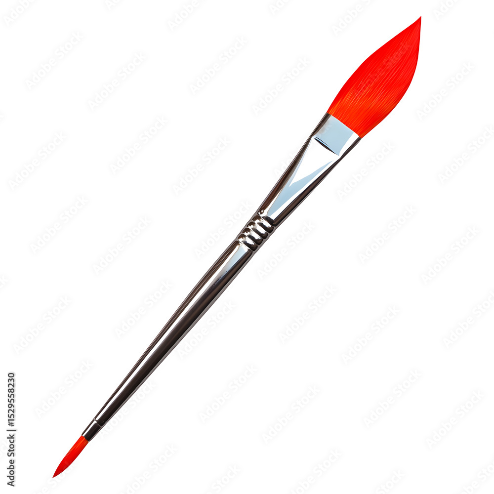 Poster a hyper-realistic artist paintbrush with acrylic red handle isolated on pure white background subtle