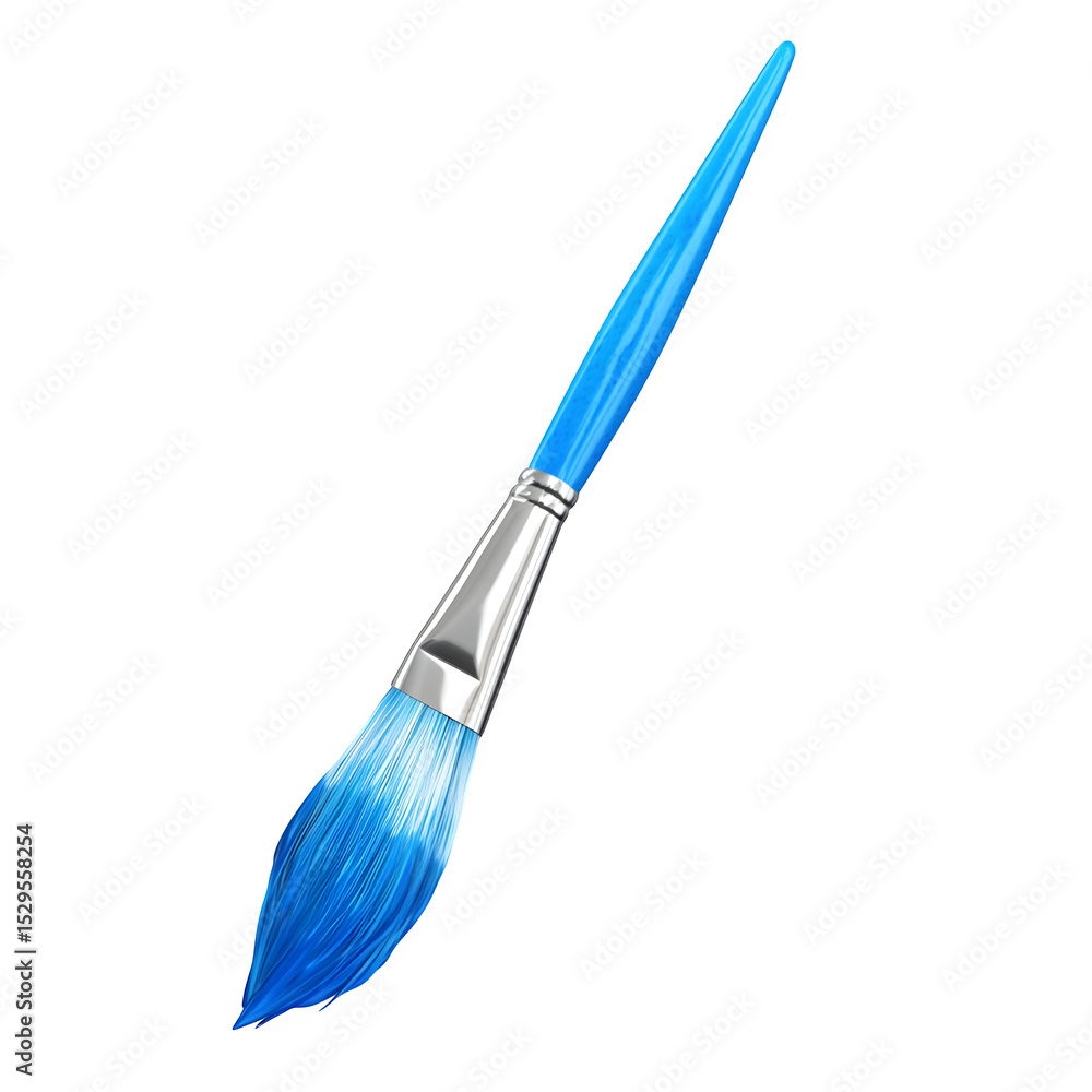 Poster a hyper-realistic artist paintbrush tip dipped in blue paint isolated on pure white background subtl