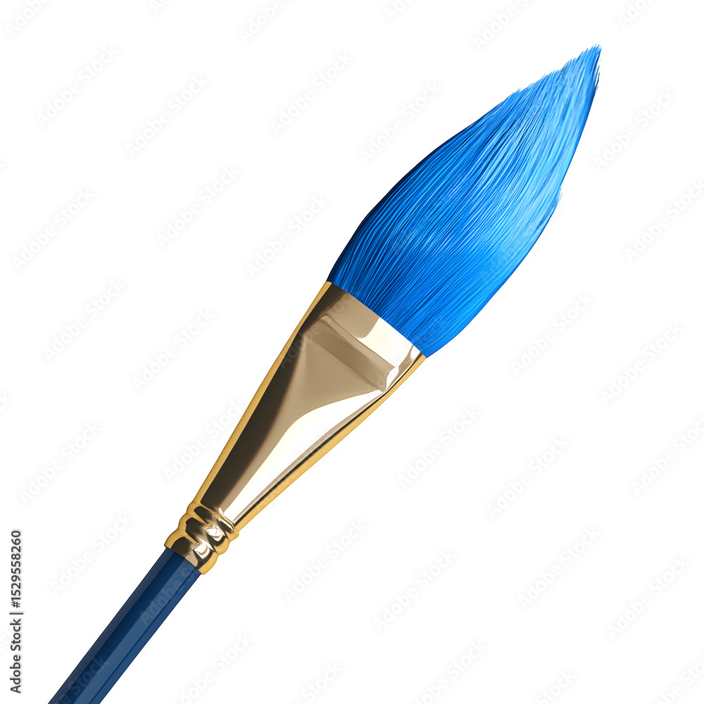 Poster a hyper-realistic artist paintbrush tip dipped in blue paint isolated on pure white background subtl