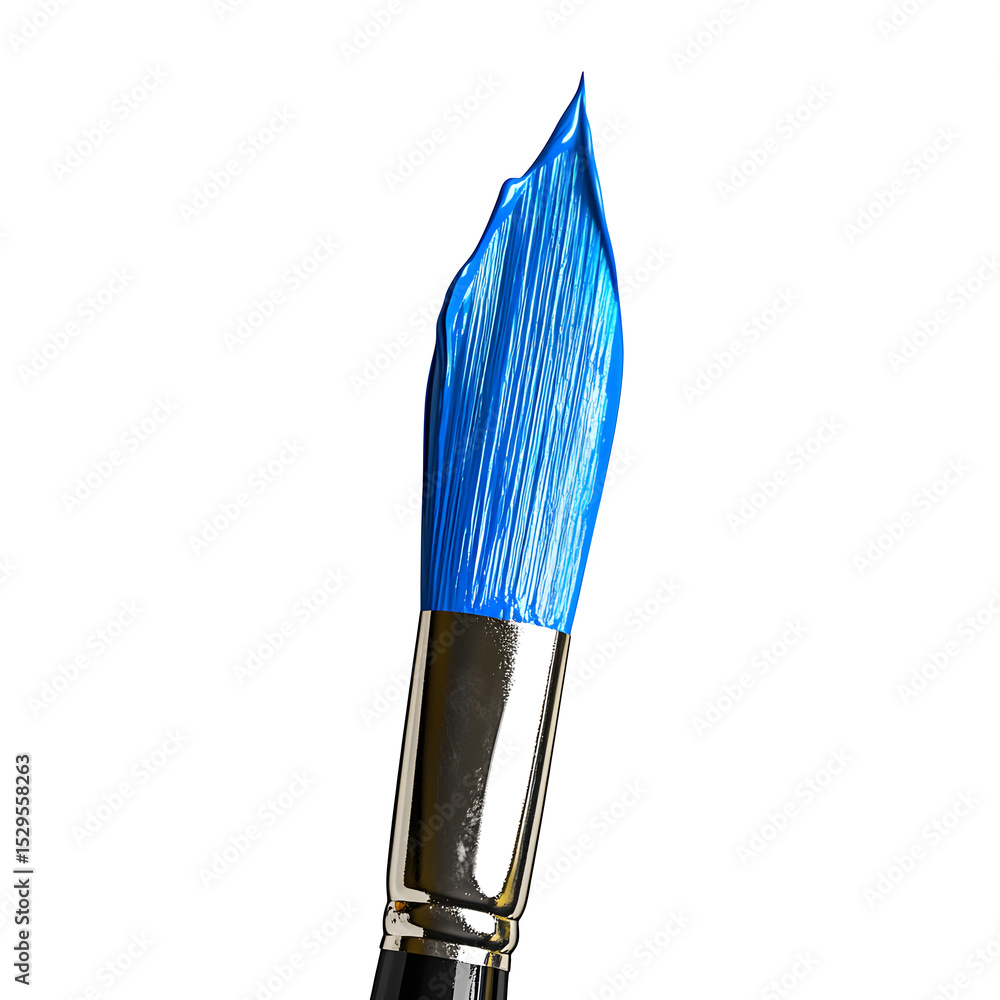 Poster a hyper-realistic artist paintbrush tip dipped in blue paint isolated on pure white background subtl