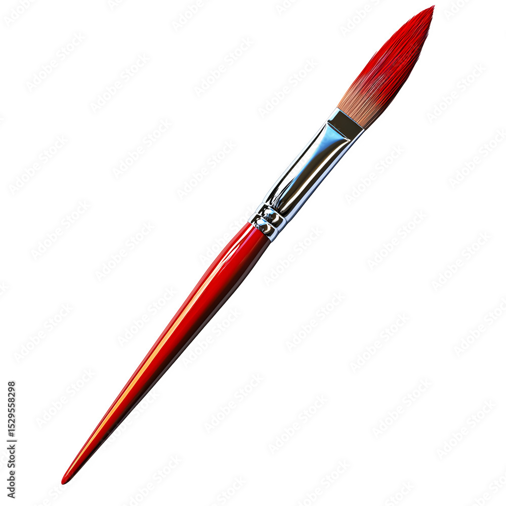 Poster a hyper-realistic artist paintbrush with acrylic red handle isolated on pure white background subtle