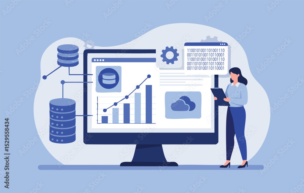 Poster flat illustration data analysis and cloud computing - modern business analytics concept