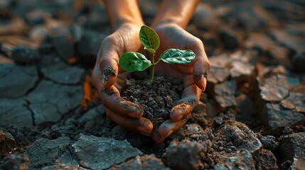 Hands gently cradle a small plant sprouting from cracked earth, symbolizing hope and the necessity of nurturing nature in the face of environmental degradation.