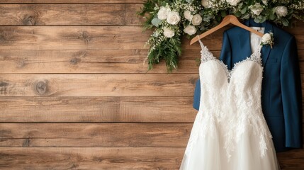 A beautifully arranged wedding dress and groom's suit hanging against a rustic wooden backdrop, symbolizing love, commitment, and the joy of marriage on a special day.