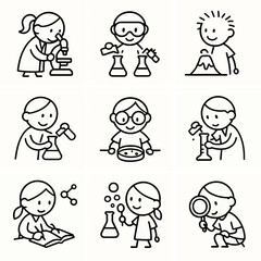 Naklejka premium 9 icons: lab coats, magnifying glasses, mixing liquids, erupting volcanoes, telescopes. Focus on curiosity and safe experiments.