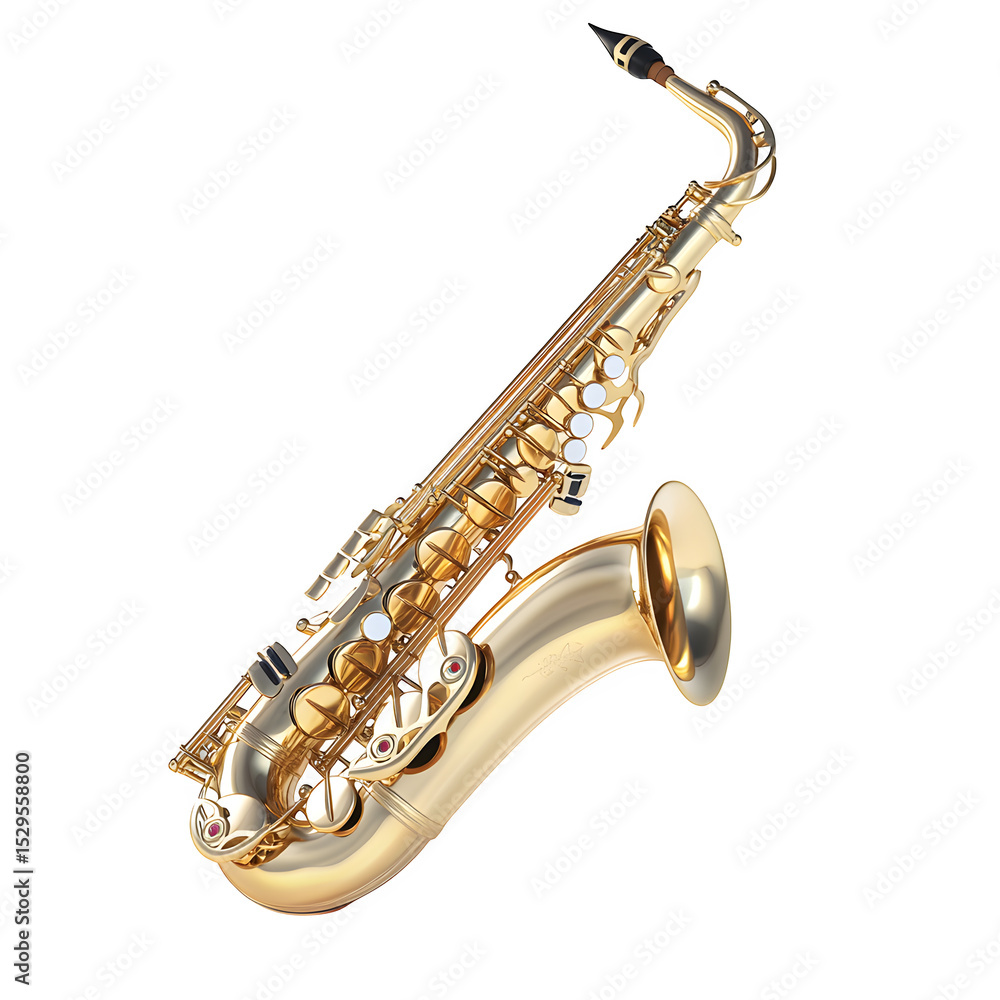 Poster a hyper-realistic alto saxophone with polished brass isolated on pure white background subtle soft s