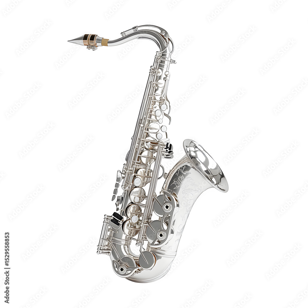 Poster a hyper-realistic alto saxophone perfect side profile view isolated on pure white background subtle 