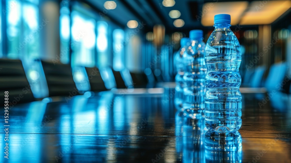 Poster an artistic display of water bottles lined up on a glossy table, reflecting natural light, creating 