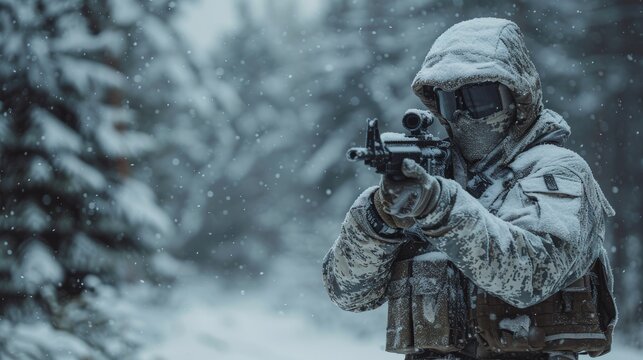 A soldier clad in winter tactical gear poses in a snowy forest, reflecting readiness and focus amidst harsh environmental conditions essential for survival and duty.