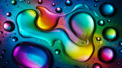 A macro photograph of oil and water droplets creating a vibrant rainbow-colored abstract pattern