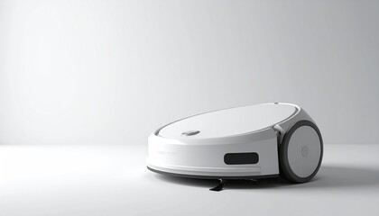 Round white robot vacuum cleaner with two large wheels in bright studio lighting