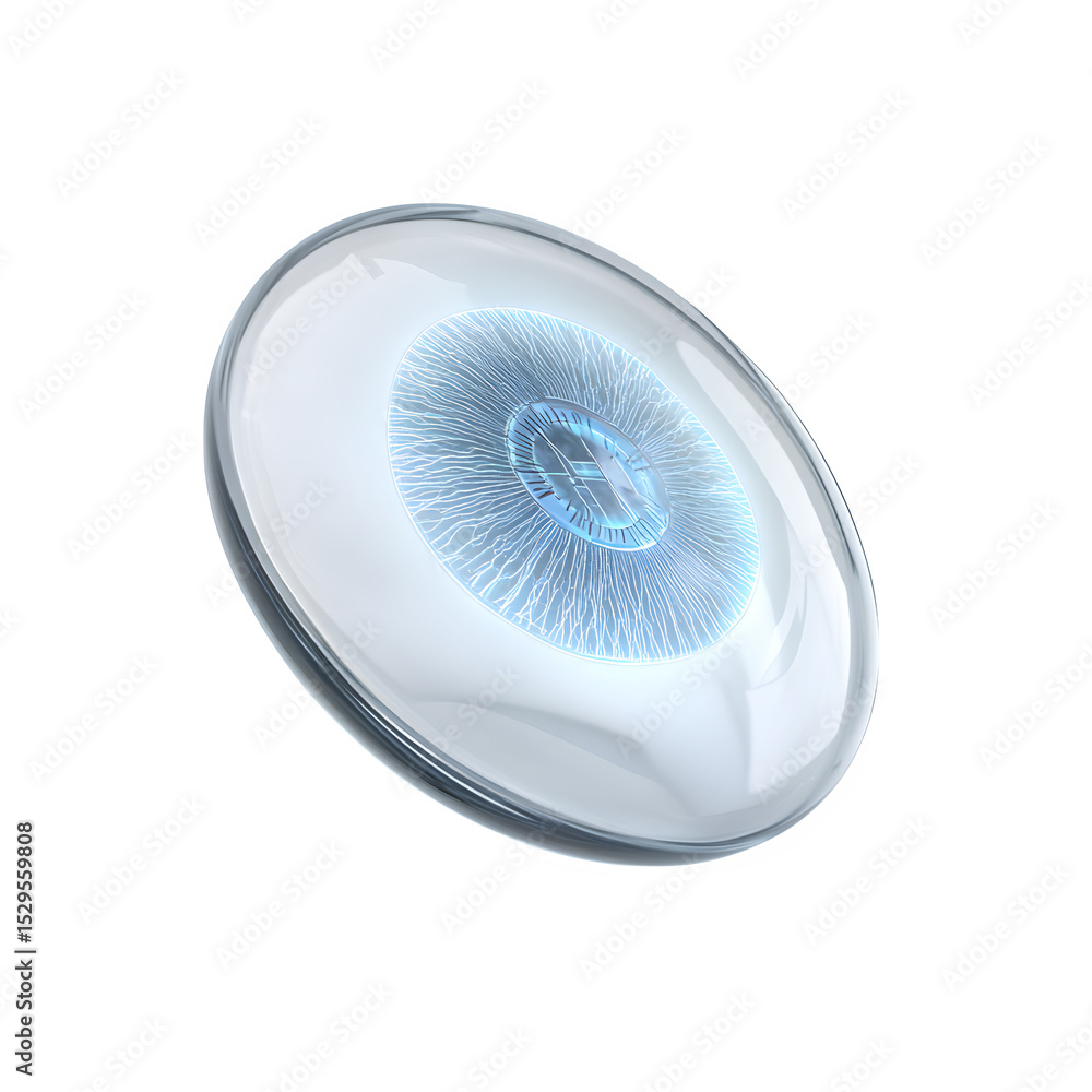 Poster a hyper-realistic ar smart contact lens with biometric interface isolated on pure white background s