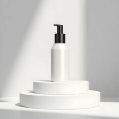 White Bottle on Display Stand with Black Pump and Light Shadow