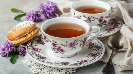 Fototapeta premium Teacups, tea, floral, pastry, table, spring, relaxation, background, breakfast, food photography
