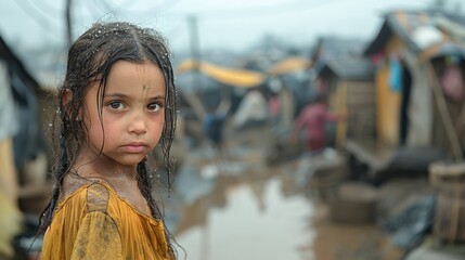 A young girl stands amidst a slum environment, her wet hair reflecting resilience despite the surrounding hardship, highlighting the plight of children in underprivileged areas.