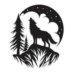 Silhouette of a wolf howling on a hill below a starlit, cloudy moon