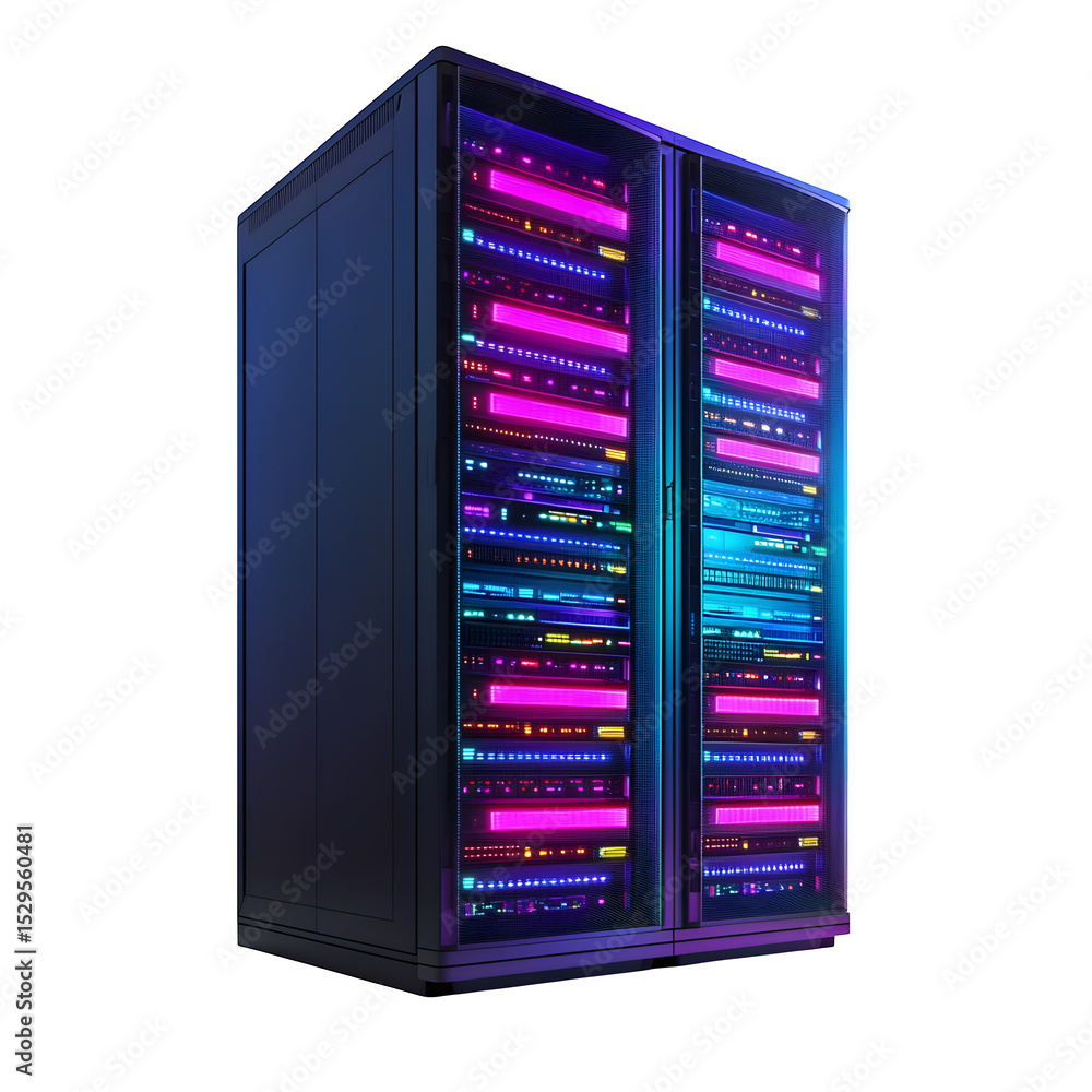 Poster a hyper-realistic -degree hero shot of a glowing server rack isolated on pure white background subtl
