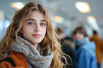 Obraz premium A young woman with flowing hair and an elegant scarf presents a stylish portrait, capturing contemporary fashion in a subtly blurred background that highlights her graceful beauty.