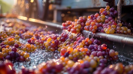 Large clusters of ripe grapes spill over a production line, symbolizing abundance and the hard work behind winemaking, emphasizing freshness, agriculture, and the cycle of nature and harvest.