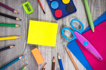 Colorful school accessories using for learning at school or preschool. Development of creativity