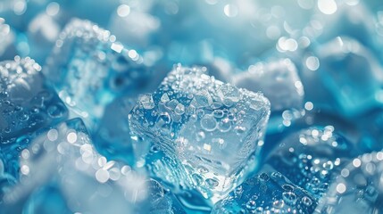 Obraz premium A captivating close-up of ice cubes, featuring sparkling droplets and a soft blue hue, illustrating the refreshing essence of coldness and the beauty of simplicity in nature's elements.