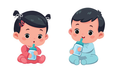 Baby Girl and Boy Drinking Milk from Bottles – Cartoon Vector Illustration