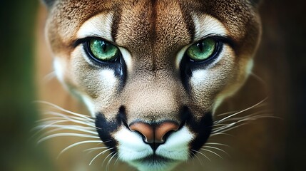 Obraz premium Close-up Portrait of a Majestic Cougar with Intense Green Eyes