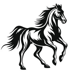 A black horse figure is standing elegantly, showcasing its fluid design on white