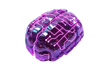 a futuristic artificial-intelligence microchip shaped like a human brain hyper-detailed metallic circuitry neon purple lines threading through circuits isolated on pure white background soft studio li