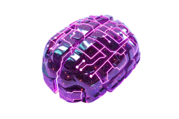 a futuristic artificial-intelligence microchip shaped like a human brain hyper-detailed metallic circuitry neon purple lines threading through circuits isolated on pure white background soft studio li