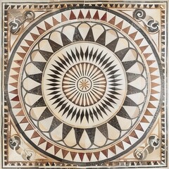 Obraz premium Intricate Roman-style circular floor mosaic with geometric patterns. AI-generated.
