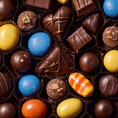 A box of assorted chocolates on a dark chocolate background. A variety of shapes and colors of candies.