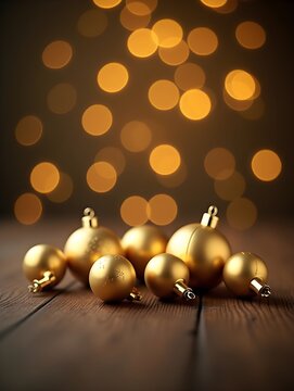 Golden Christmas Ornaments on Wooden Surface with Festive Bokeh Background