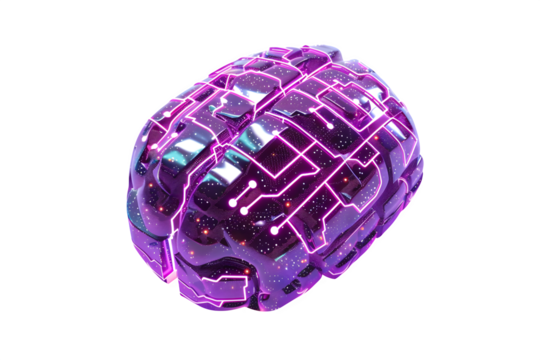 a futuristic artificial-intelligence microchip shaped like a human brain hyper-detailed metallic circuitry neon purple lines threading through circuits isolated on pure white background soft studio li